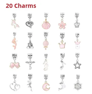 20 Pcs pink and silver DIY charms set including unicorn and heart for jewelry making