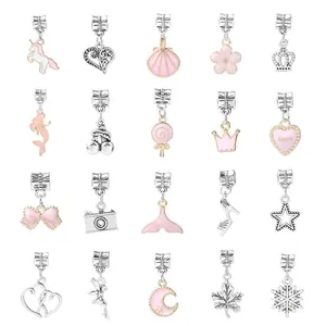 DIY charm bracelet set with 20 pink enamel and silver alloy beads in gift box