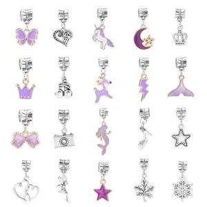 Purple DIY kids jewelry set with 20pcs silver unicorn and butterfly enamel charms