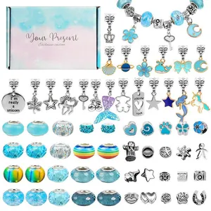 66pcs pink and blue unicorn DIY bracelet making kit with beads and charms in a gift box
