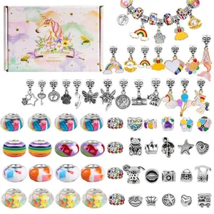 DIY 66pcs pink unicorn jewelry making kit with beads and charms in a gift box