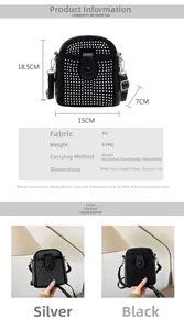 Detailed size chart for mini rhinestone crossbody bag with height and width parameters