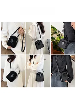 Multiple views of a mini rhinestone crossbody bag shown on a model for scale and style