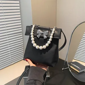 Women Artificial Pearl Handle Bow Shoulder Bag PU Leather Crossbody Handbag With Metal Bow Buckle Elegant Fashion Small Square Bag