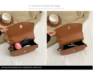 Detail view of brown quilted bag interior showing main pocket with lipstick and phone