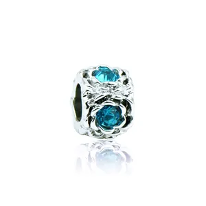 Silver flower charm bead with cyan blue crystal stone inlay for DIY bracelets