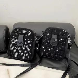 Sparkling rhinestone mini crossbody bag with chain strap and premium suede texture