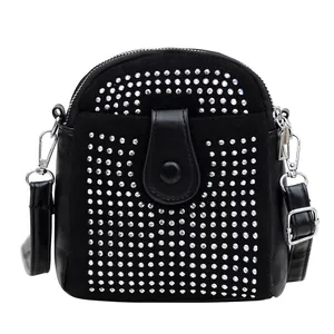 Elegant black rhinestone mini crossbody phone bag with silver chain strap for women