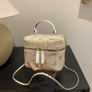 Women Floral Embroidery Straw Woven Handheld Box Bag Summer Casual Lace Chain Strap Crossbody Bag Beach Pastoral Handbag