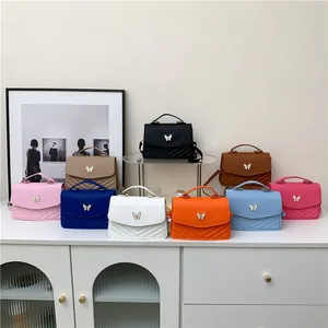 Elegant multi-color crossbody square bags with V-quilted pattern and butterfly metal buckle
