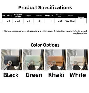 Detailed size chart and multi-color view of lychee pattern crossbody bag with crystal buckle