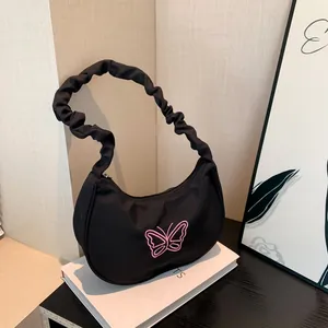 Women Butterfly Embroidery Underarm Bag Fashion Ruched Handle Canvas Shoulder Bag Crescent Tote Y2K Style Daily Bag