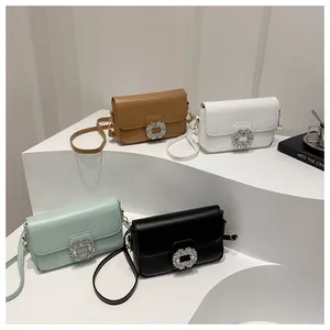 Women's Fashion PU Leather Square Crossbody Bag Rhinestone Buckle Small Shoulder Bag Summer Minimalist Daily Party Purse