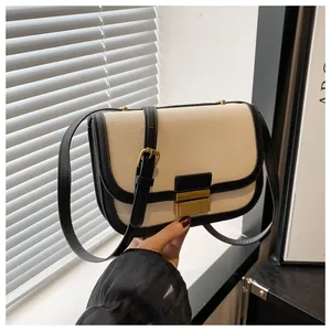 Detail of hand-held vintage saddle bag with canvas texture and gold buckle lock
