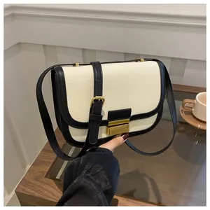 Detail of a color-block saddle bag featuring cream canvas and a gold metal lock buckle