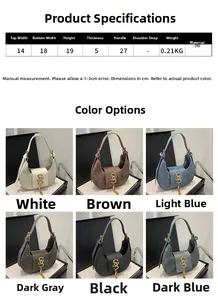 Tableau détaillé montrant les dimensions du sac lune en PU et 6 options de couleurs