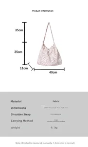 Tableau des tailles détaillé pour sac en toile à fleurs avec dimensions 40x35x11cm