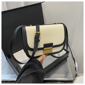 Detail of color-block saddle bag featuring canvas leather texture and gold buckle clasp