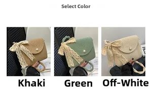 Straw shoulder bags in khaki, green, and cream colors with lace bows and pearl details