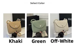 Three color options for woven shoulder bag featuring pearl buckle and twisted rope strap