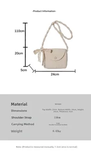 Size chart for woven straw bag showing dimensions 24x20x5cm with lace bow detail