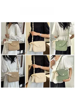 Collage of woven crossbody bags with pearl buttons and lace bows in various colors