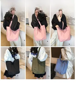 Detailed views of multi-color oxford tote bags showing capacity and crossbody styling