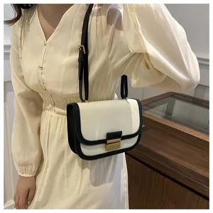 Detail of color-block saddle bag featuring cream canvas and black leather trim with gold lock
