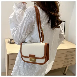 Detail of canvas saddle bag with brown leather trim and golden lock on a shoulder