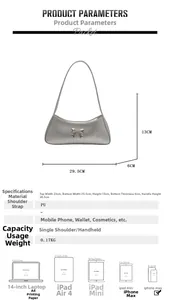 Specifiche dimensionali per borsa a tracolla con fiocco argento e dettagli sulla capacità