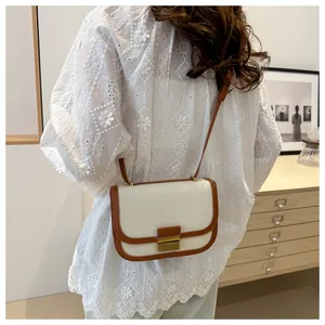 Detail of a retro contrast saddle bag featuring brown leather trim and a gold buckle