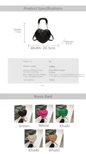 Detailed size specifications and material chart for heart quilted PU crossbody bags