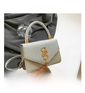 Detail of grey crossbody bag featuring a silver glitter flap and gold SS metal buckle