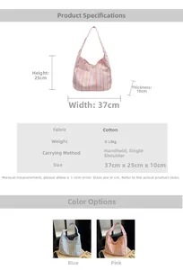Detailed dimension guide for a large striped canvas tote bag showing size and weight specs