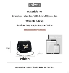 Detailed size and material guide for mini black PU leather butterfly chain saddle bag