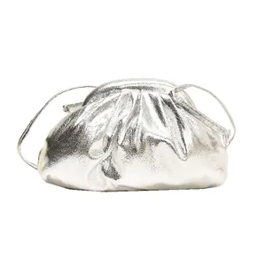 Metallic silver ruched cloud bag with drawstring strap for crossbody or clutch use