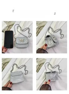 Macro views of a mini silver bow crossbody bag showing size comparison and details
