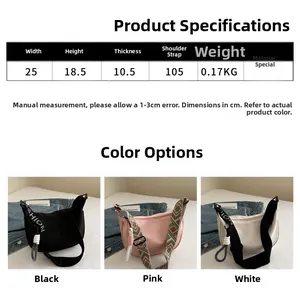 Guide des tailles pour sac bandoulière en toile avec dimensions et trois coloris
