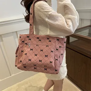 Women Fashion Corduroy Tote Bag Bow Pattern Quilted Handbag Large Capacity Shoulder Bag Casual Daily Commute Shopping Bag
