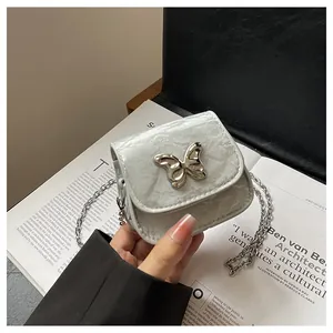 Close-up of silver mini bag with crinkled texture and metallic butterfly detail