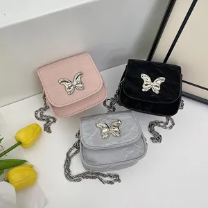 Women Mini Bow Crossbody Bag Vintage Crinkle Texture Chain Shoulder Bag Metal Butterfly Buckle Small Phone Coin Purse