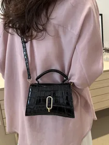 Detail of black crocodile pattern mini bag with golden U-shaped metal buckle and top handle