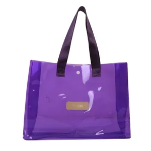 Transparent purple tote bag for women with leather logo patch and metal snap closure