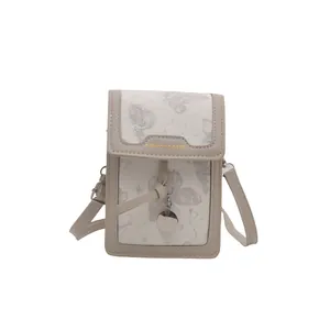 Crossbody small square phone bag in grey with butterfly print and leather trim