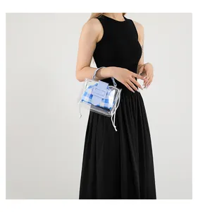 Detail van transparante PVC handtas met blauw-wit geblokte stoffen binnentas