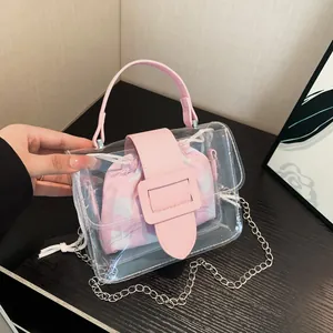 Vrouwen Transparante PVC Crossbody Tas Met Gingham Binnenzak Minimalistisch PU Leer Trim Ketting Handtas Heldere Kleine Vierkante Tas Casual Dagelijkse Tas