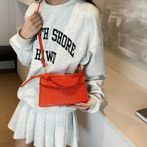 Fashionable bright orange crocodile embossed leather small square crossbody bag for women