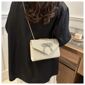 Détail du sac bandoulière en paille tressée avec fermoir papillon étincelant et chaîne