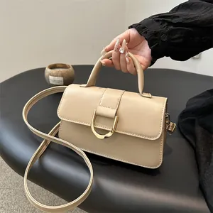 Women's Fashion PU Leather Small Square Handbag With Gold D-Buckle Minimalist Crossbody Shoulder Bag For Daily Commuting
