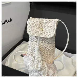 Detail showing cream woven texture with metal clasp and fringe on mini crossbody bag